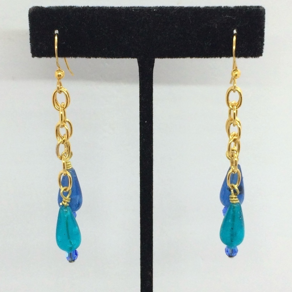 UPCYCLED HANDMADE EARRINGS VINTAGE PLASTIC BEADS DANGLE BLUE GREEN LONG VERMEIL
